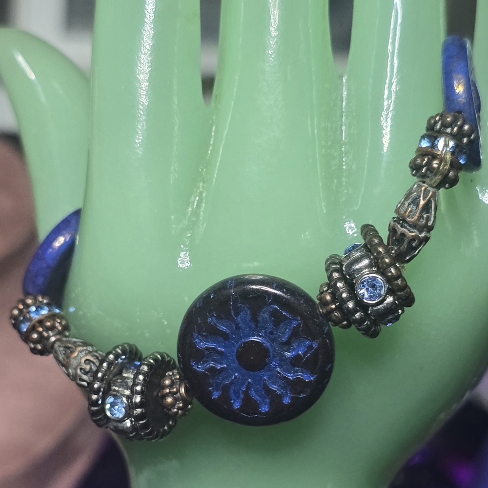 Blue Sun Motif Bracelet with Decorative Metals & Blue Rhinestone Accents